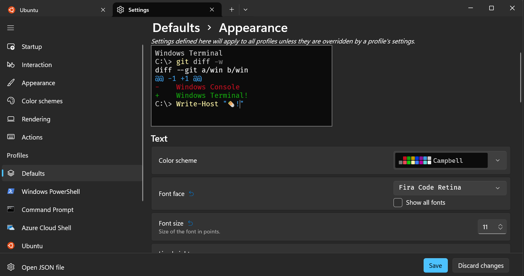 terminal settings appearance