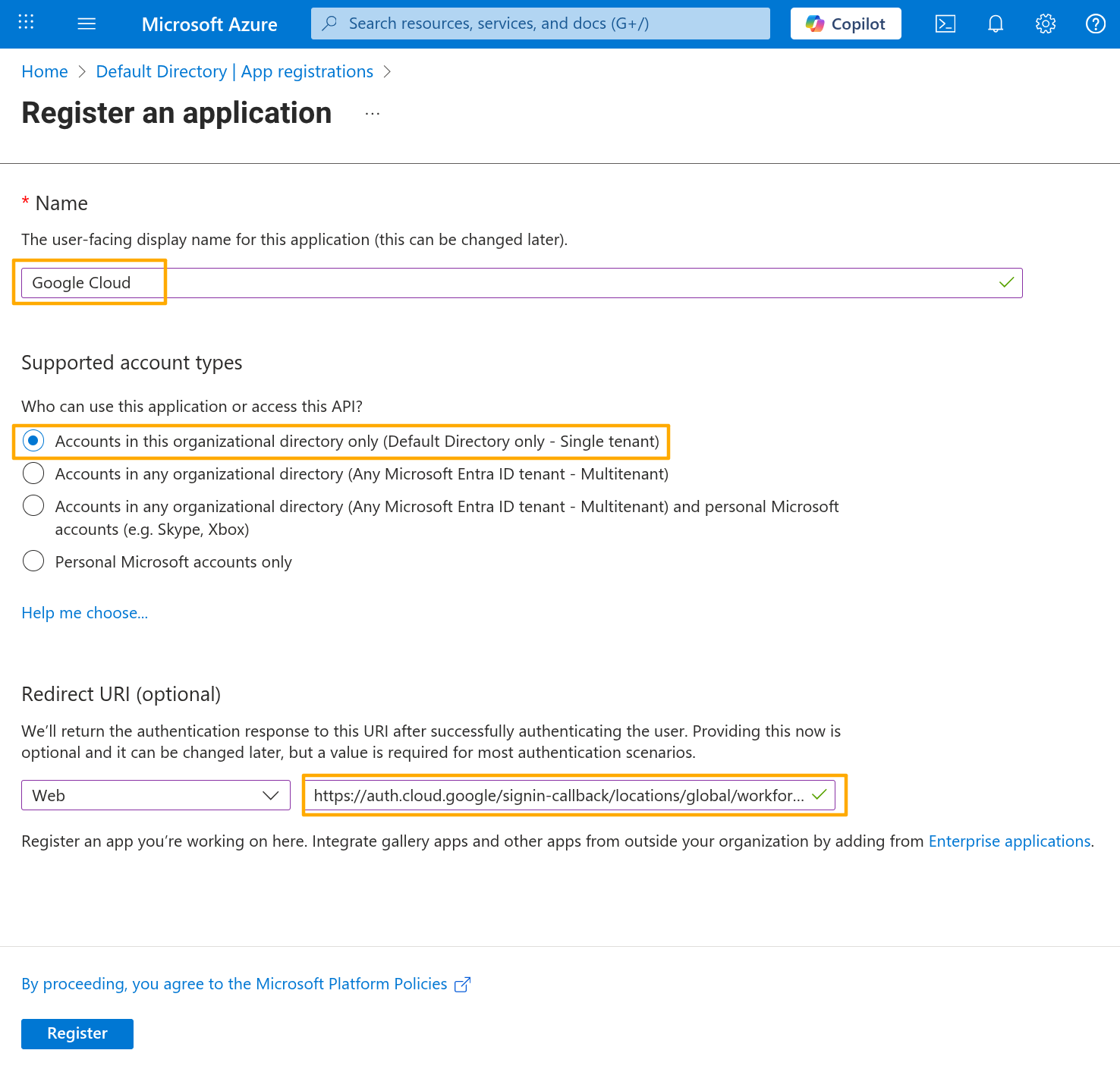 google cloud entra app